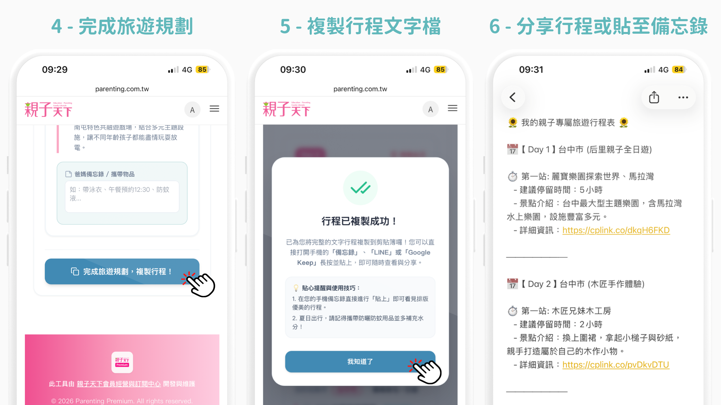 4. 完成旅遊行程規劃 5. 複製行程文字檔 6. 分享行程或貼至備忘錄